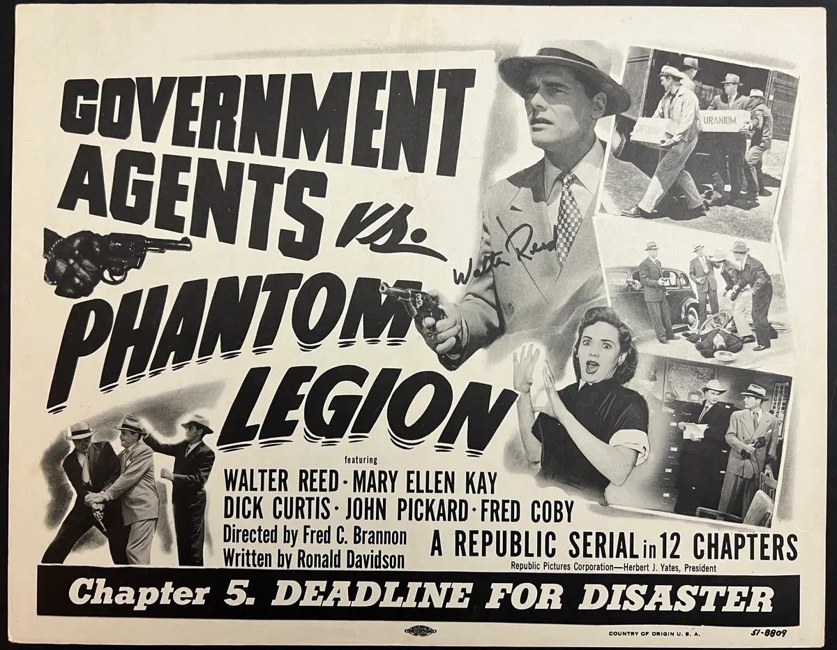 Government Agents vs Phantom Legion Title Lobby Card AUTOGRAPHED by Walter Reed