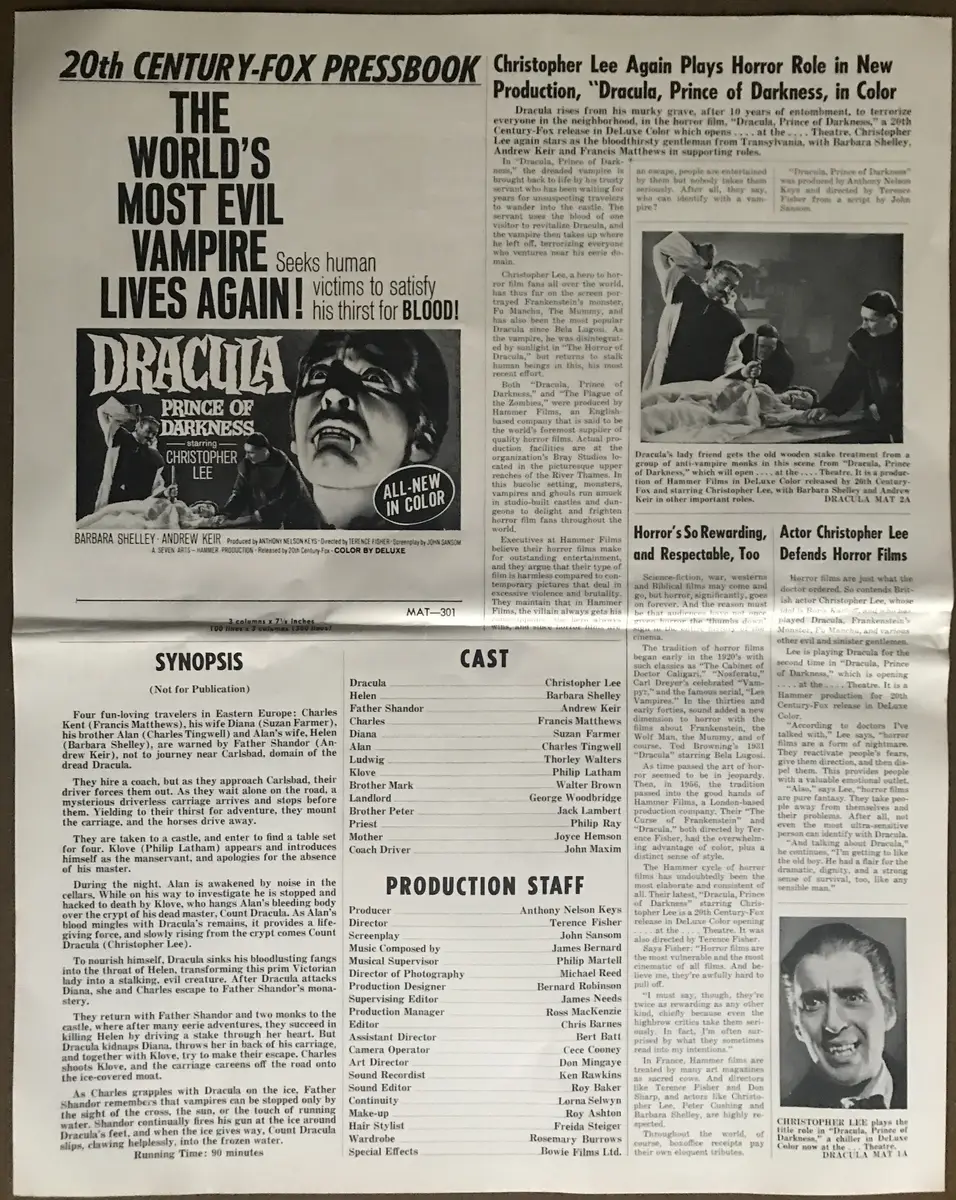 Dracula: Prince of Darkness Press Book and Combo Press Book For Dracula A.D. 1972 and Crescendo